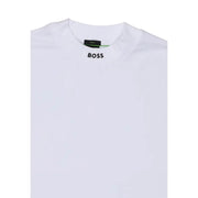 White boss men t shirt with black logo and green trim at collar made of cotton elastane round neck material
