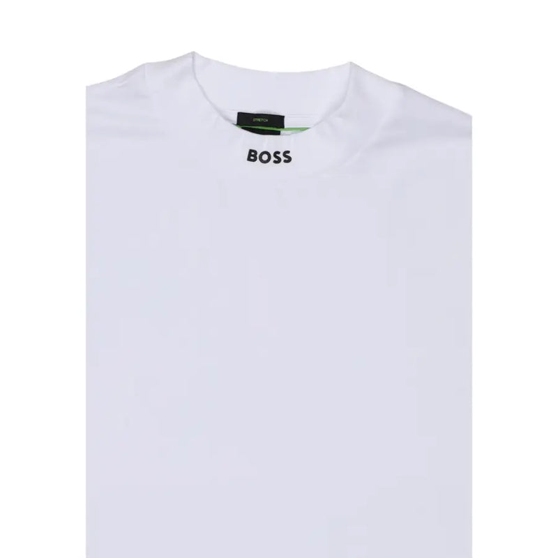 White boss men t shirt with black logo and green trim at collar made of cotton elastane round neck material