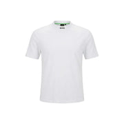 Boss men t shirt white short sleeved round neck cotton elastane with subtle green inner collar trim