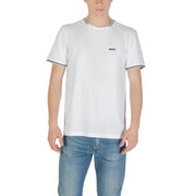 White Boss men t-shirt with black trim on collar and sleeve cuffs, featuring a comfortable cotton blend design