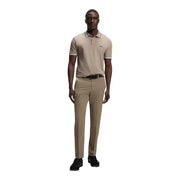 Beige Hugo Boss polo shirt with white trim and subtle chest logo paired with Boss men trousers