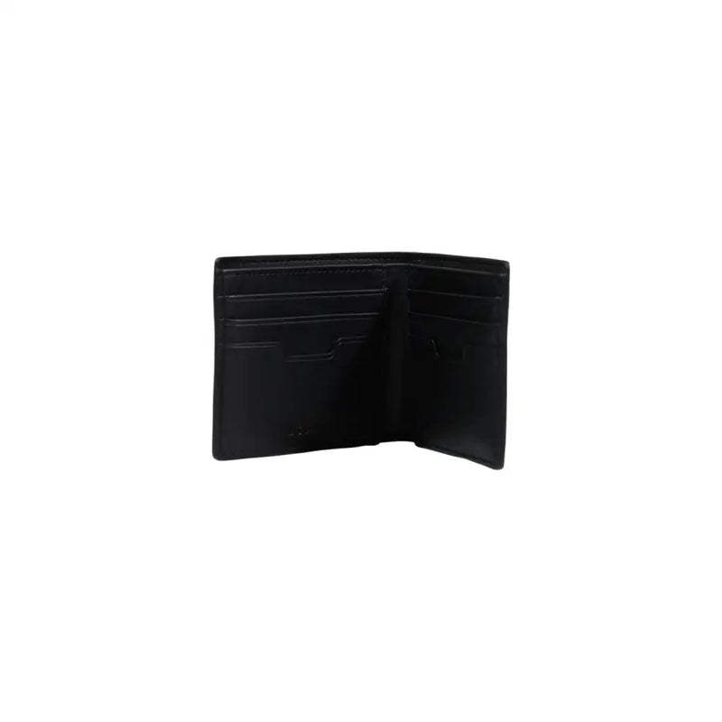 Portefeuille homme Boss en cuir noir à deux volets, doté de plusieurs emplacements pour cartes et d'un compartiment central pour un rangement organisé.