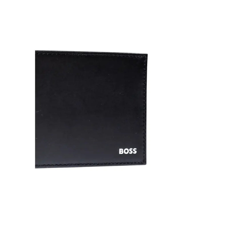 Portefeuille homme en cuir noir avec logo Boss blanc dans le coin inférieur droit sur le devant
