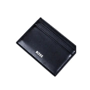 Portefeuille homme en cuir noir avec porte-cartes, logo blanc et bords cousus pour un rangement optimal des cartes.