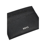 Portefeuille Boss pour homme, noir texturé, avec porte-cartes et logo Boss blanc sur le devant.