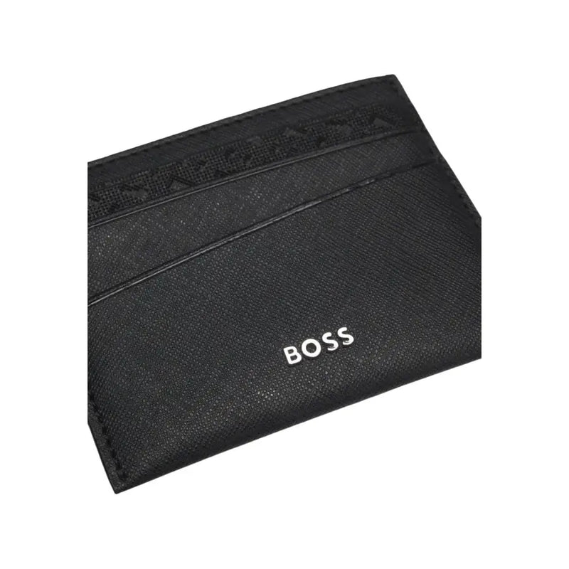 Portefeuille Boss pour homme, noir texturé, avec porte-cartes et logo Boss blanc sur le devant.