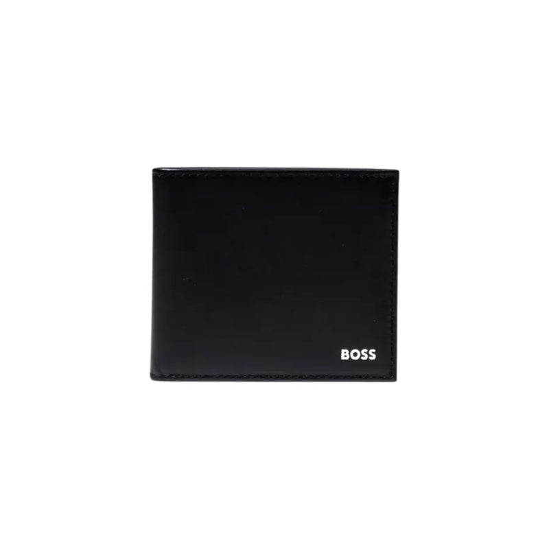 Portefeuille homme Boss en cuir noir, au design minimaliste et orné du logo Boss blanc dans le coin inférieur droit.