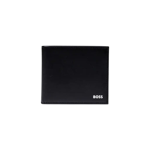 Portefeuille homme Boss en cuir noir, au design minimaliste et orné du logo Boss blanc dans le coin inférieur droit.