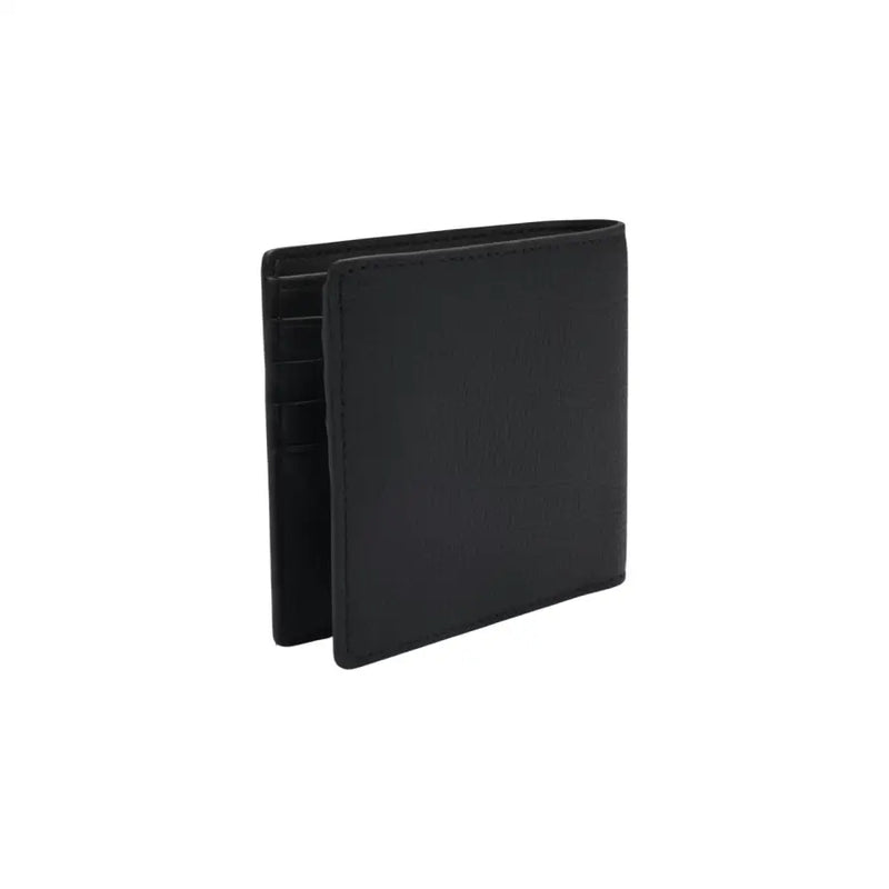 Portefeuille à deux volets en cuir noir de la marque Boss, avec bords cousus et plusieurs emplacements pour cartes, conçu pour les hommes.