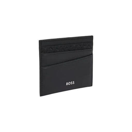 Portefeuille homme en cuir noir avec porte-cartes, orné d'une bande texturée et du logo Boss blanc.