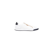 White leather slip-on sneaker with black accents and gold zipper detail.