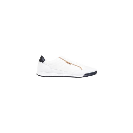 White leather slip-on sneaker with black accents and gold zipper detail.