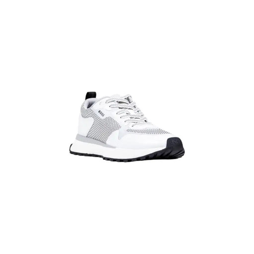 White and gray reebok sneaker with textured upper, black sole