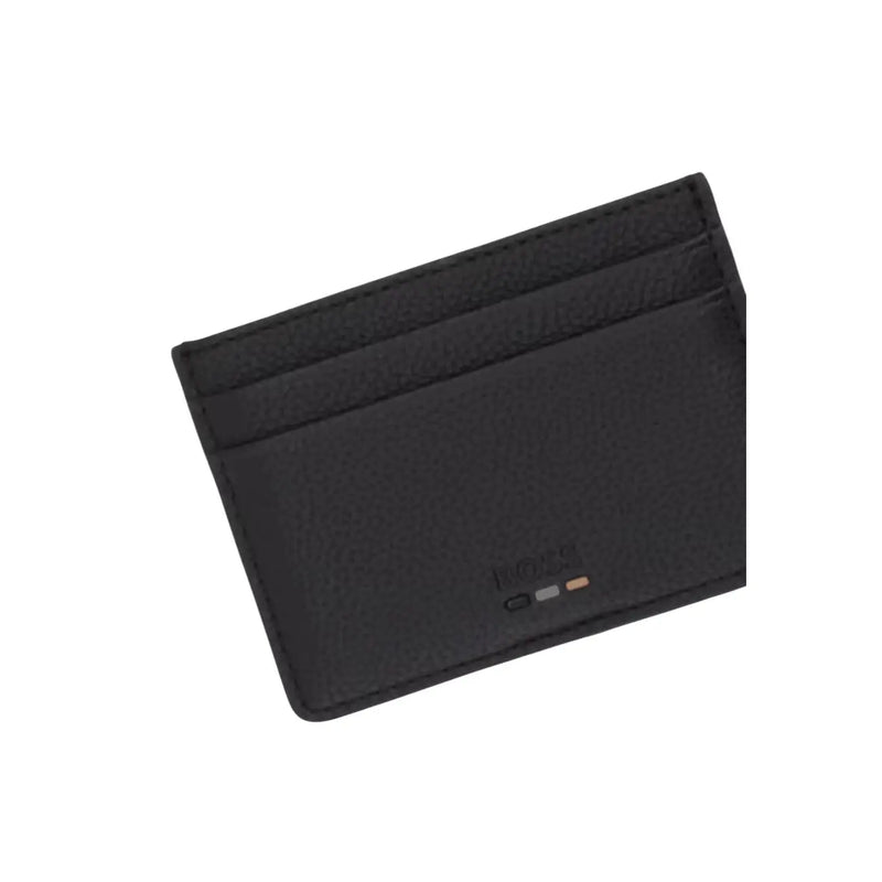 Boss mens black card holder made of polyurethane leather with stitched edges and subtle embossed logo size W10