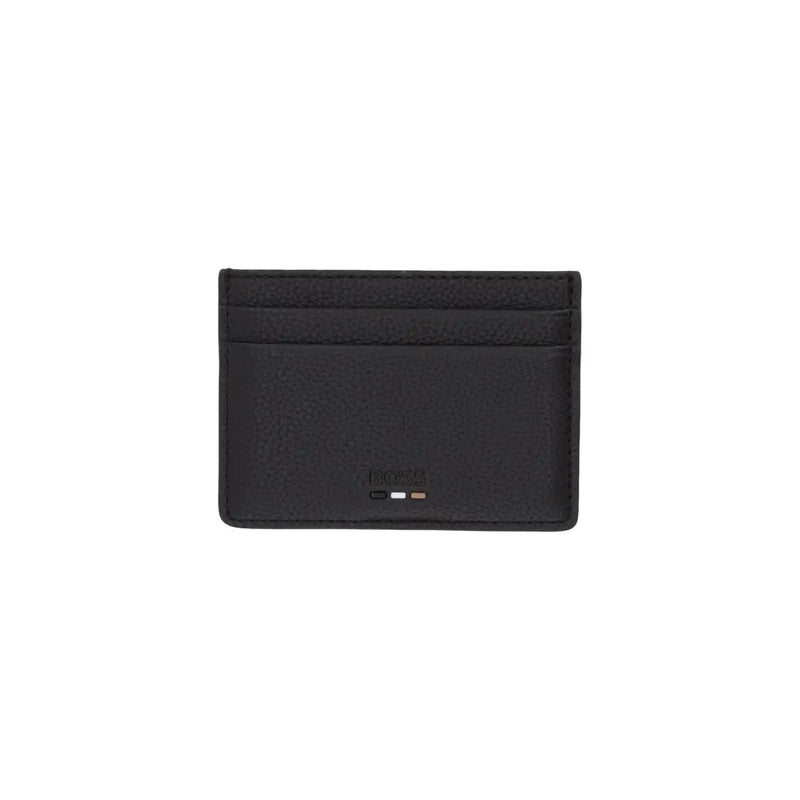 Boss mens black card holder in textured polyurethane leather with subtle stitching for organized card storage