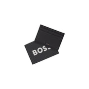 Boss mens black leather card holder with minimalist design and white boss logo on polyurethane wallet size w10