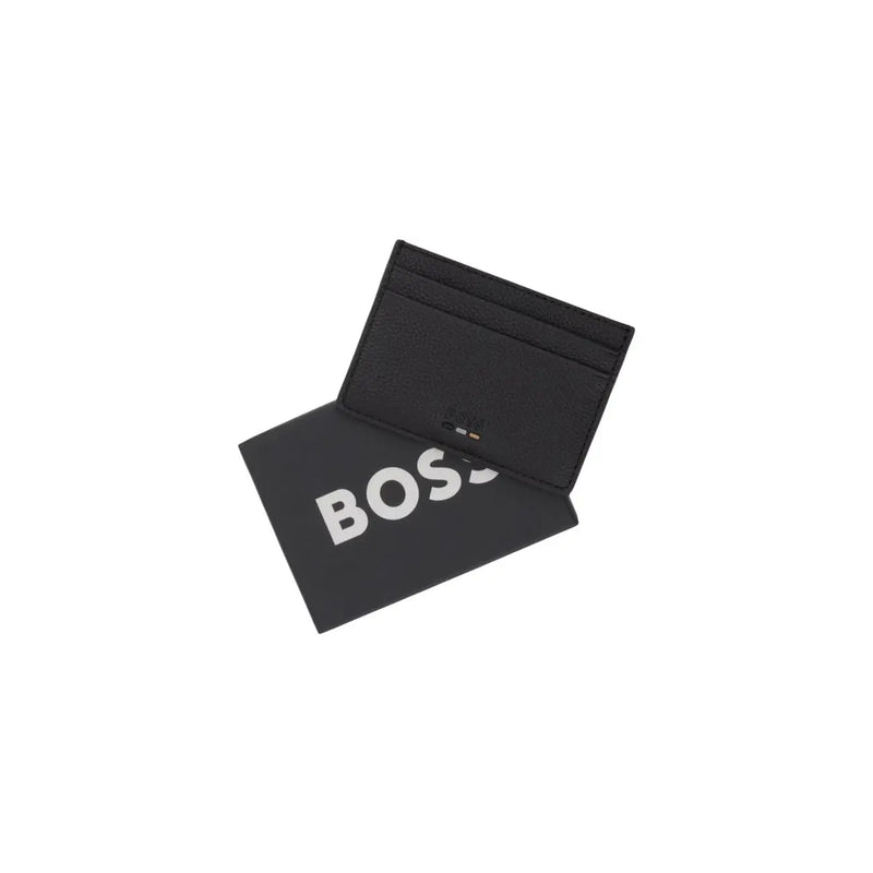 Boss mens black leather card holder with minimalist design and white boss logo on polyurethane wallet size w10