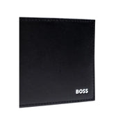 Boss mens black leather wallet with white boss logo embroidered in the corner measuring 11x9x1.5 cm
