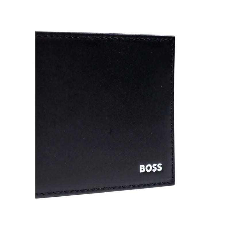 Boss mens black leather wallet with white boss logo embroidered in the corner measuring 11x9x1.5 cm