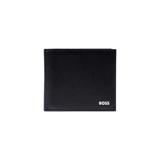 Portefeuille Boss pour homme en cuir noir avec logo Boss blanc dans le coin inférieur droit, dimensions : 11 x 9 x 1,5 cm