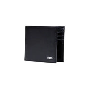 Boss mens black leather wallet with boss logo in white lettering on the front measuring 11x9x1.5 centimeters