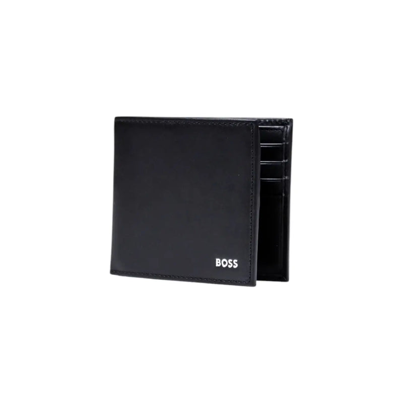 Boss mens black leather wallet with boss logo in white lettering on the front measuring 11x9x1.5 centimeters