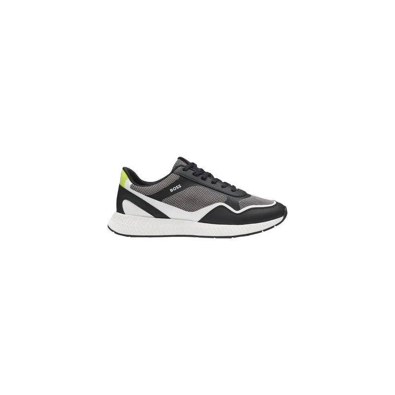Baskets de running Boss pour homme, en polyuréthane noir, avec empiècement en mesh noir et gris, languette au talon vert fluo, semelle intermédiaire blanche et logo Boss sur le côté.
