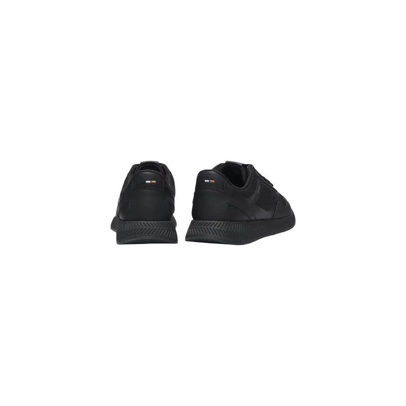 Baskets de running Boss pour homme, en polyuréthane noir, vues de dos, avec un design minimaliste et élégant et un logo discret au talon.