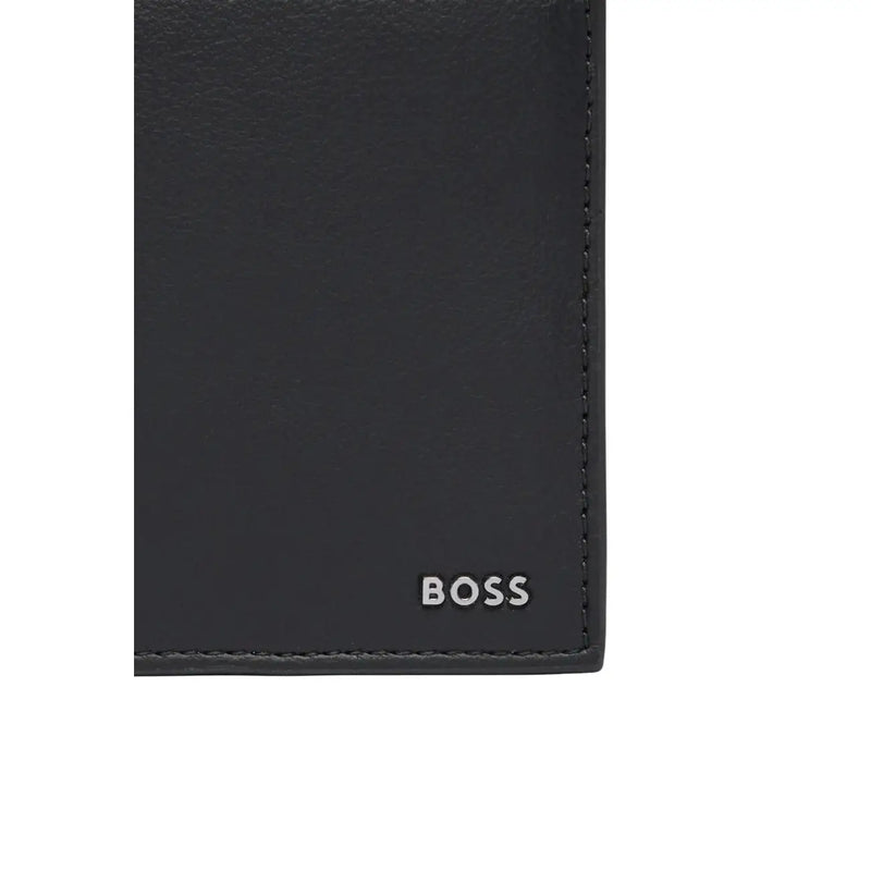 Boss mens black polyurethane wallet in leather effect with subtle stitching and minimalist design shown from back side