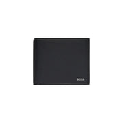 Black leather boss mens wallet with subtle stitching and small boss logo in lower right corner 12x9cm polyurethane