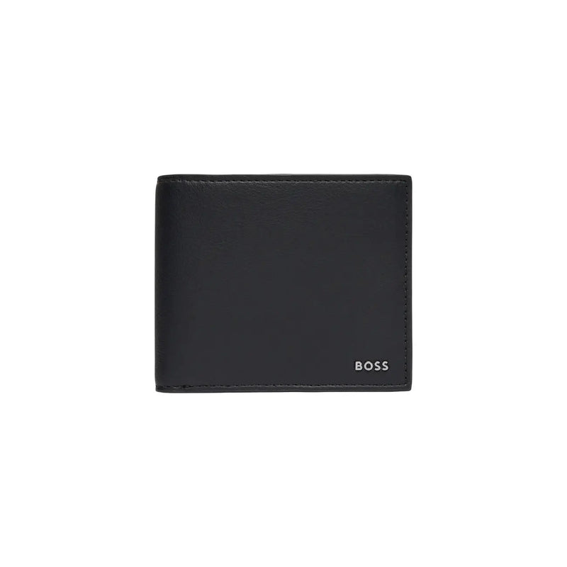 Black leather boss mens wallet with subtle stitching and small boss logo in lower right corner 12x9cm polyurethane