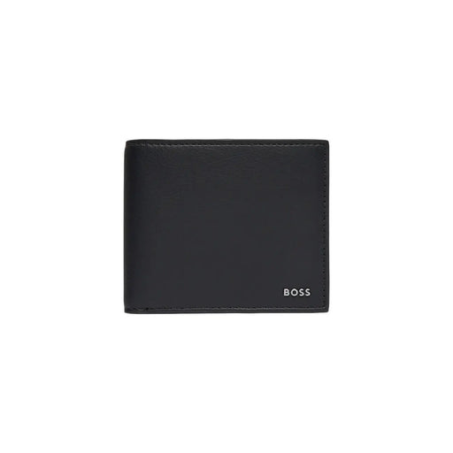Portefeuille homme Boss en cuir noir, avec surpiqûres discrètes et petit logo Boss dans le coin inférieur droit, 12 x 9 cm, en polyuréthane