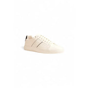 White leather low-top sneaker with black accents and laces.