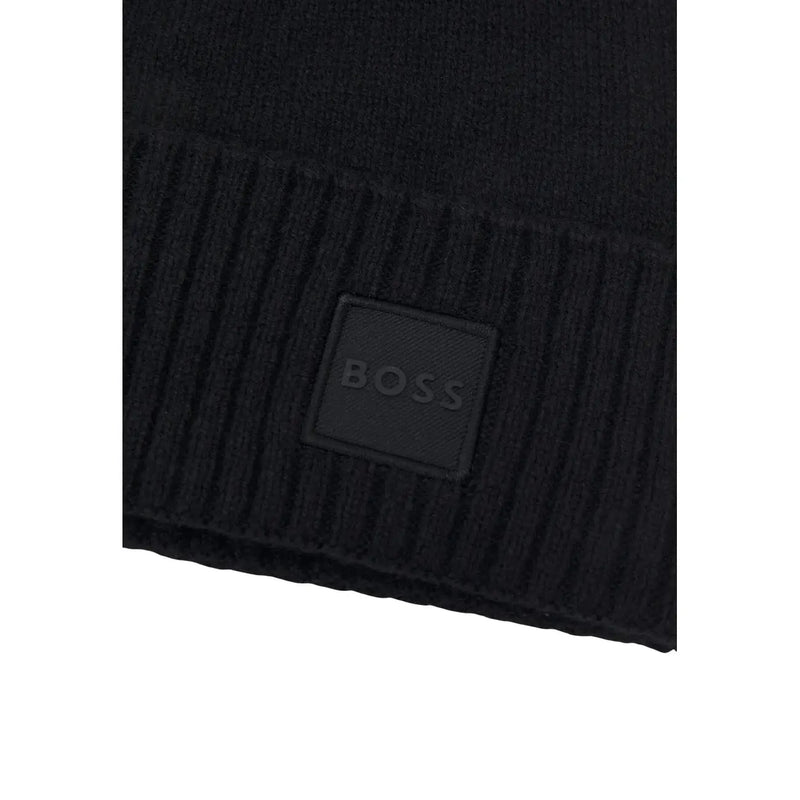 Casquette Boss en laine akaio pour homme, en maille côtelée noire avec logo carré, vue de face