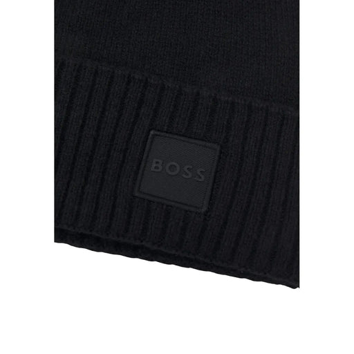 Casquette Boss en laine akaio pour homme, en maille côtelée noire avec logo carré, vue de face