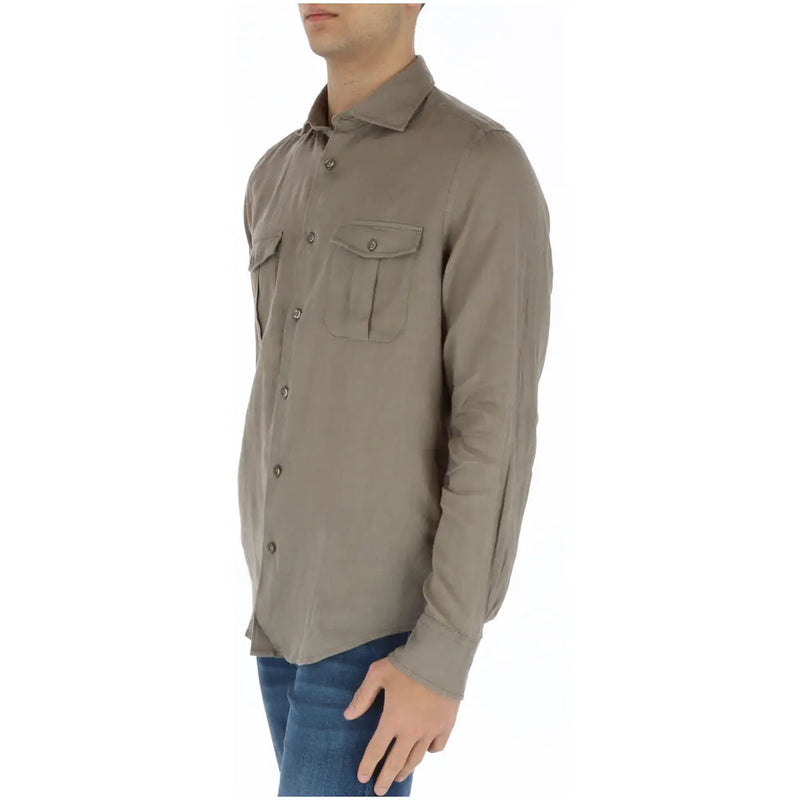 Brian Brome Chemise homme en lin vert, manches longues, col classique et deux poches poitrine, en tissu léger.
