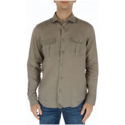 Brian Brome Chemise homme en lin vert à manches longues, boutons foncés vert olive et deux poches poitrine