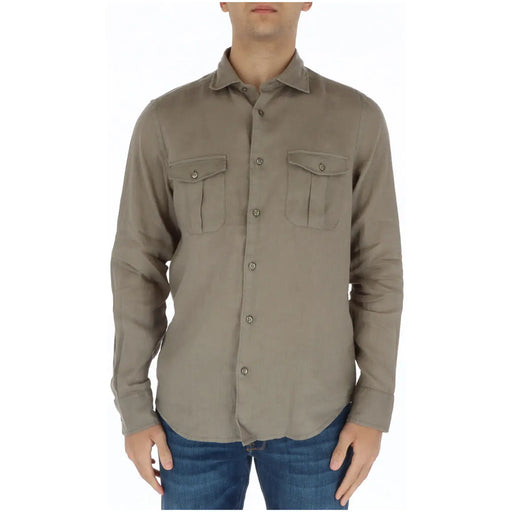 Brian Brome Chemise homme en lin vert à manches longues, boutons foncés vert olive et deux poches poitrine