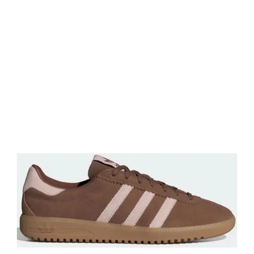 Adidas brown sneaker with pink stripes displayed in the product listing