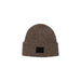 Brown knit beanie featuring a black patch, designed as the Beige Knit Beanie With Black Patch