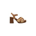 Brown leather platform sandal displayed in the product image