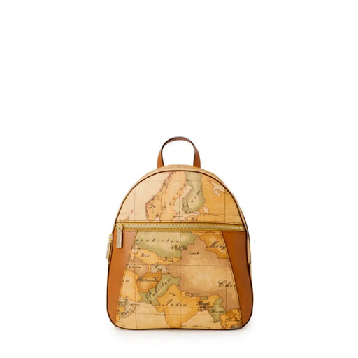 Brown map-patterned backpack with leather straps displayed in the product listing