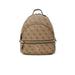 Brown patterned Guess backpack featuring gold-toned hardware and zipper details