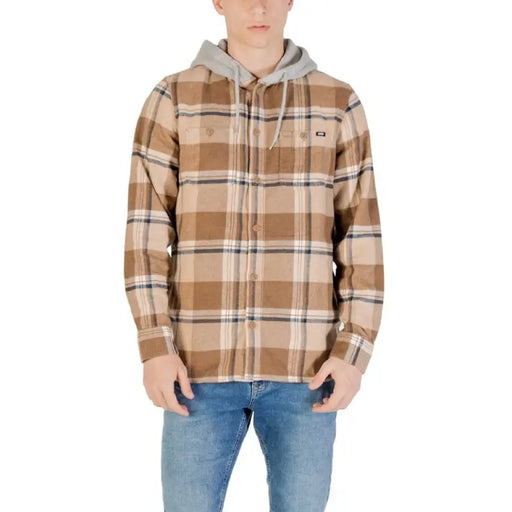 Brown plaid hooded shirt displayed in the product listing