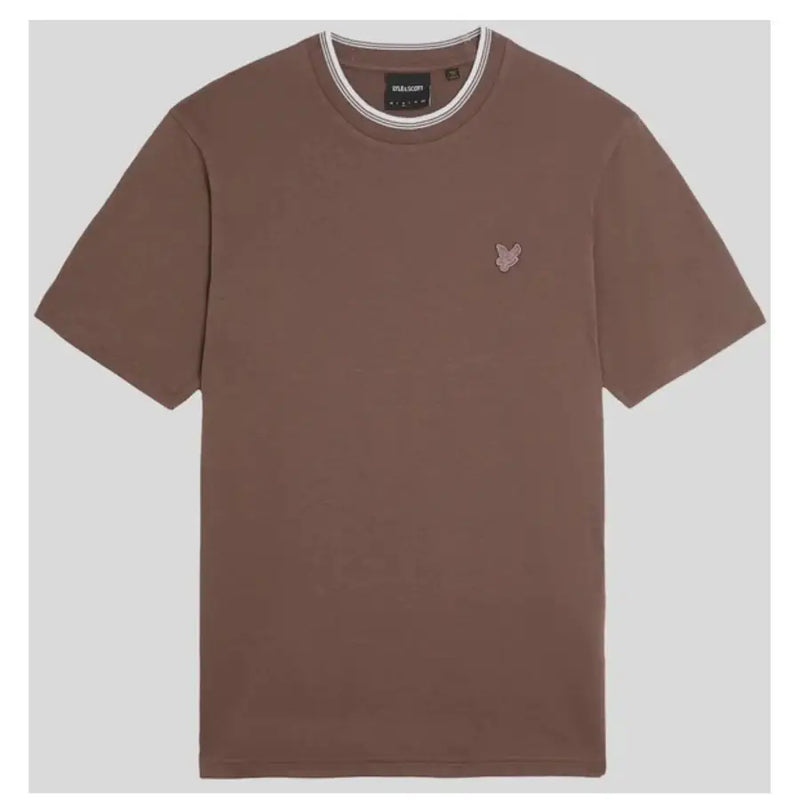 Minimalist brown cotton short sleeve t shirt with subtle embroidered logo and white striped collar trim