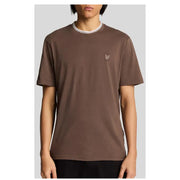 Brown short sleeve cotton t shirt with white and gray ribbed crew neck collar and embroidered fox logo