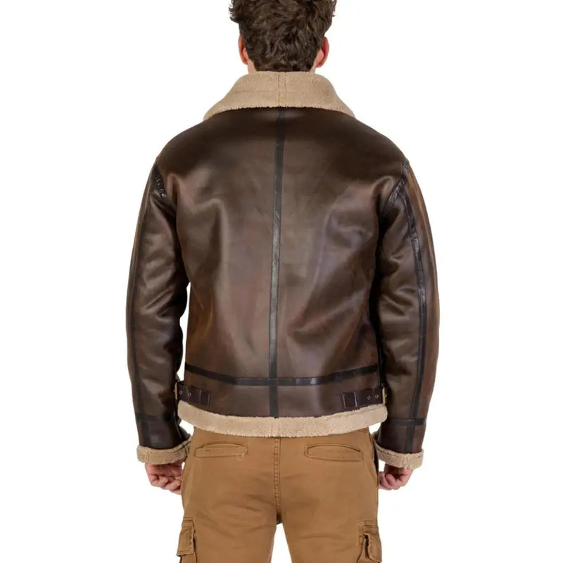 Brown leather aviator jacket with shearling lining and tan accents, inspired by vintage military design.