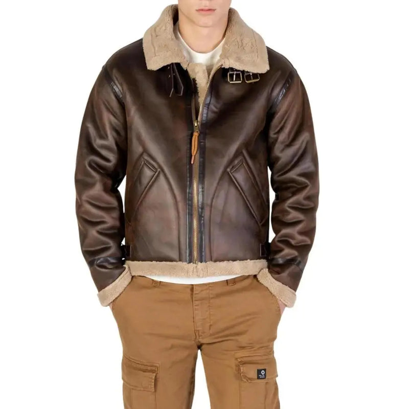 Brown leather aviator jacket with shearling collar and zipper closure.