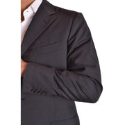 Costume homme Burberry, veste en laine et mohair à fines rayures verticales, gris anthracite foncé, avec revers cranté.