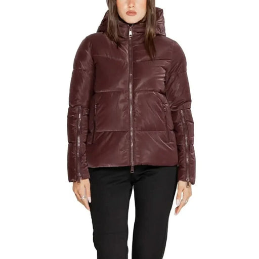 Burgundy hooded puffer jacket featured in CLERÈ Women’s Long Purple Jacket with Hood